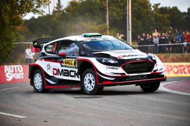 5 Ekim 2017, Salou, Katalonya, İspanya; Büyük Britanya 'dan Elfyn Evans ve yardımcısı Daniel Barritt, şantaj sırasında M Sport World Rallisi ekibi Ford Fiesta WRC' de yarıştılar.  