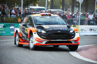 5 Ekim 2017, Salou, Katalonya, İspanya; Mads Ostberg ve Norveçli yardımcı pilotu Torstein Eriksen şantaj sırasında M Sport World Rally Team Ford Fiesta WRC 'de yarıştılar. 