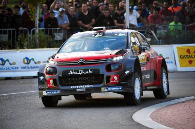 5 Ekim 2017, Salou, Katalonya, İspanya; Birleşik Arap Emirlikleri 'nden Khalid Al Qassimi ve İrlandalı yardımcı pilotu Chris Patterson şantaj sırasında Citroen C3 WRC Toplam Abu Dhabi WRT 