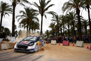 7 Ekim 2017, Salou, Katalonya, İspanya; Sebastien Ogier ve Fransız yardımcı pilotu Julien Ingrassia, Salou SS 13 safhasında M Sport World Rally Team Ford Fiesta WRC 'de yarıştılar. 