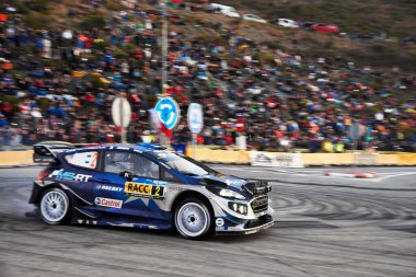 8 Ekim 2017, Riudecanyes, Katalonya, İspanya; Ott Tanak ve Estonya 'nın yardımcı pilotu Martin Jarveoja, Riudecanyes SS 15 Sahnesi' nde M Sport World Rallisi ekibi Ford Fiesta WRC ile yarışıyorlar. 