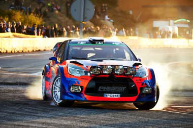 8 Ekim 2017, Riudecanyes, Katalonya, İspanya; Jean Michel Raoux ve Fransız yardımcı pilotu Laurent Magat, Riudecanyes SS 15 Sahnesi boyunca Jean Michel Raoux Citroen DS3 WRC ile yarışıyorlar.