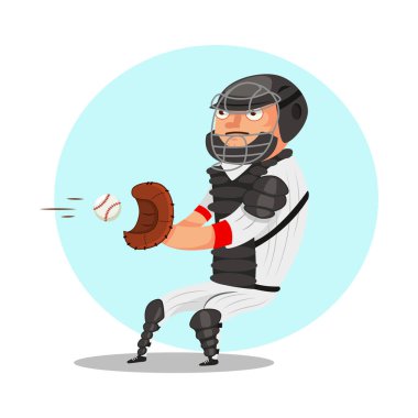Top tutucu beyzbol oyuncusu. Eldiven giymiş, kaskla top yakalayan ve spor kıyafetlerini koruyan bir adamın çizgi film karakteri. Vektör illüstrasyonu beyaz arkaplanda izole edildi.