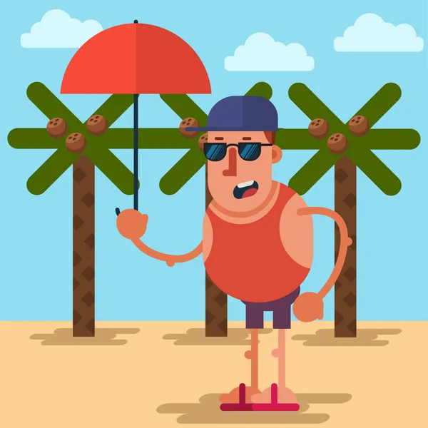 Чоловік Бейсбольній Шапці Сонцезахисні Окуляри Парасолькою Пляжі Пальмами Векторний Плоский — стоковий вектор