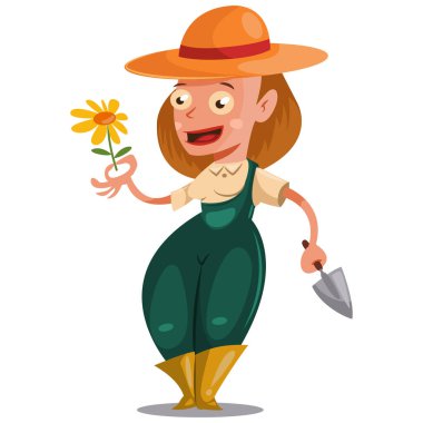 Yeşil takım elbiseli bahçıvan kadın, toprak işlemek için elinde çiçek ve malayla. Vektör karikatür çizimi beyaz arkaplanda izole edildi.