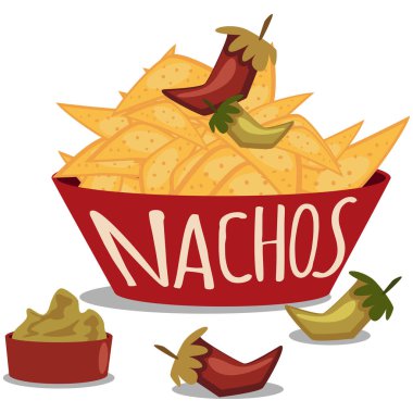 Guacamole soslu nachos ve acı biber. Geleneksel Meksika yemekleri. Bir tabak tortilla cipsi. Vektör karikatür çizimi beyaz arkaplanda izole edildi.
