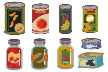 Canned food in metal tin and glass jar vector set. Vegetables, fruits, juices, soups, meat and fish can products. Cartoon illustration of packages with labels isolated on white background. clipart