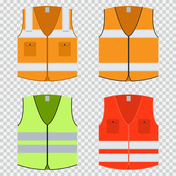 Vest Veiligheid Vector Vlakke Set Bouwjas Van Oranje Rood Lichtgroen — Stockvector