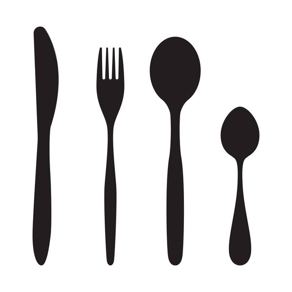 ?Комплект столовых приборов: вилка, нож и ложка. Векторные плоские черные иконки на белом фоне
.