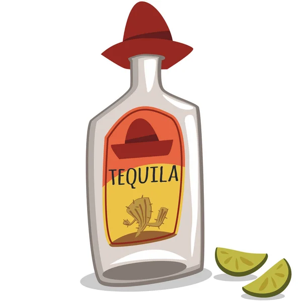 Tequila Palack Sombreróban Két Darab Lime Mal Vektor Rajzfilm Illusztráció — Stock Vector
