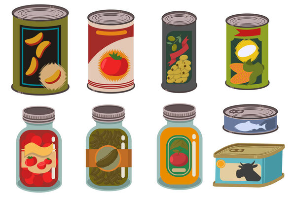 Canned food in metal tin and glass jar vector set. Vegetables, fruits, juices, soups, meat and fish can products. Cartoon illustration of packages with labels isolated on white background.