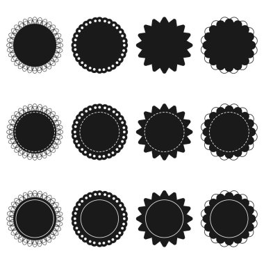 Beyaz arkaplanda izole edilmiş siyah siluet vektörü ile çember rozetler ve çerçeve.