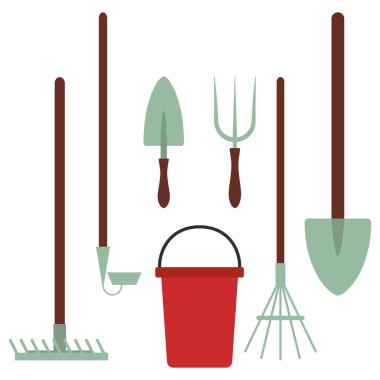 Bahçe araçları vektör çizgi film seti beyaz arkaplan üzerinde izole.