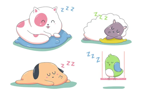 Carino Dormire Animali Vettori Personaggi Dei Cartoni Animati Impostato Isolato — Vettoriale Stock