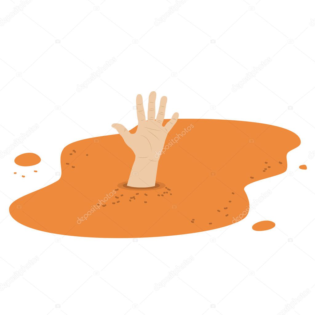 Human hand in quicksand vector cartoon illustration isolated on a white background.