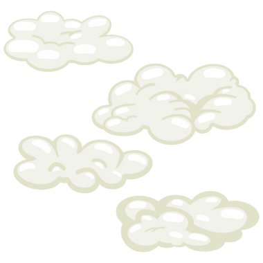 Beyaz arka planda karikatür kabarık bulutlar. Vektör seti.