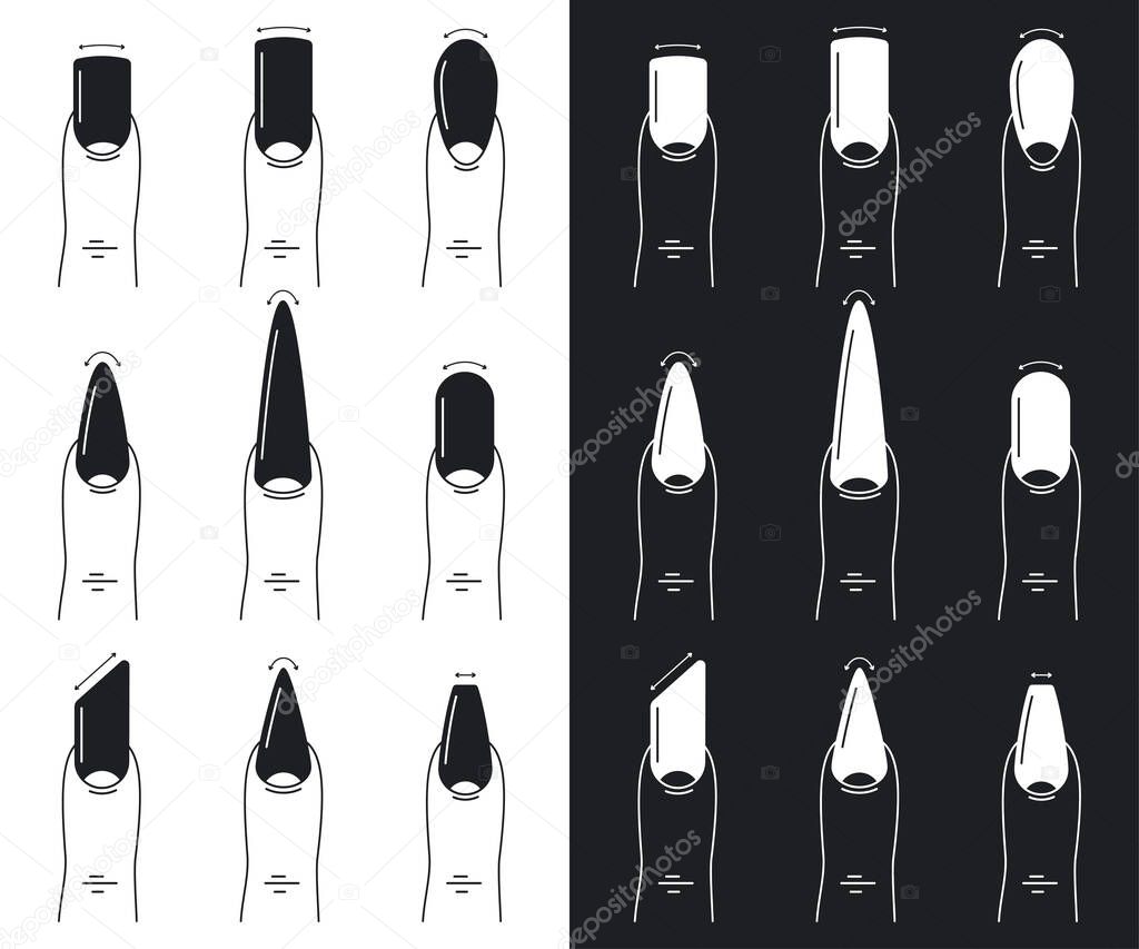 Nail shapes set. Manicure vector flat outline illustration isolated on a white and black background.