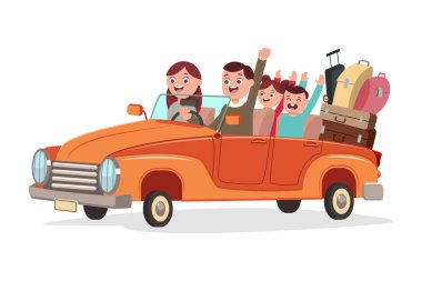Eski araba ile mutlu aile seyahatleri. Beyaz arka planda izole edilmiş insanların gezintisinin vektör çizgi filmi düz çizimi.