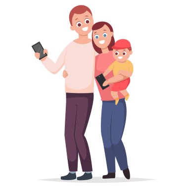 Aletleri olan mutlu bir aile. Beyaz arka planda izole edilmiş telefonlu bir erkek, kadın ve çocuğun vektör çizimi.