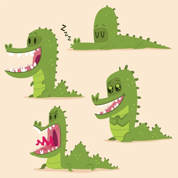 Cartoon Alligator Set Vector Nature Funny Green Crocodile Isolated Background — Stock Vector