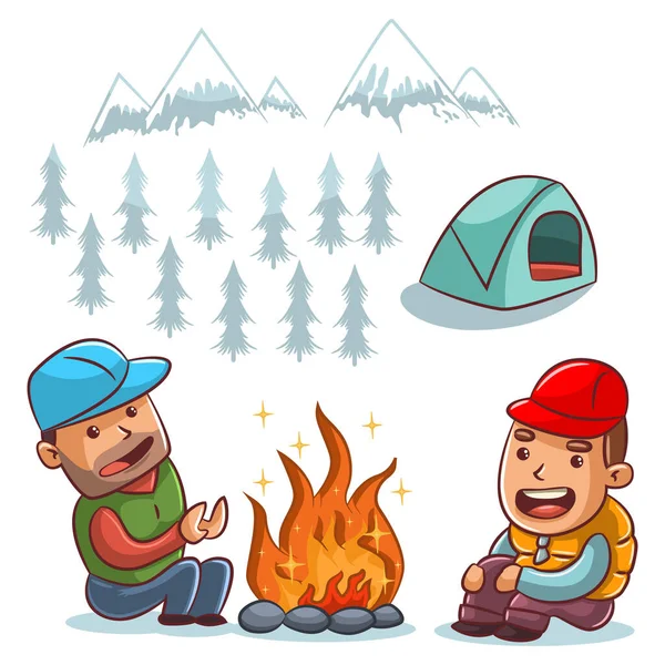 Zwei Männer Sitzen Lagerfeuer Wandern Den Bergen Und Zelten Tourismus — Stockvektor