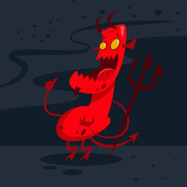 魔鬼在地狱 恶魔有角 尾巴和三叉戟 红色怪物的矢量卡通画 — 图库矢量图片