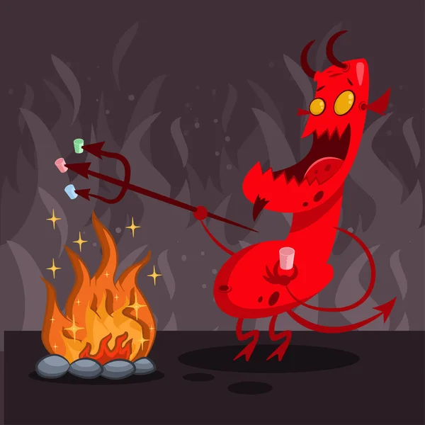 魔鬼在地狱 长着角 三叉戟 篝火和烤棉花糖 红色怪物的矢量卡通画 — 图库矢量图片
