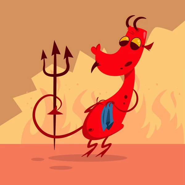 魔鬼在地狱 带着角 手里拿着破布的三叉戟的可悲恶魔 红色怪物的矢量卡通画 — 图库矢量图片