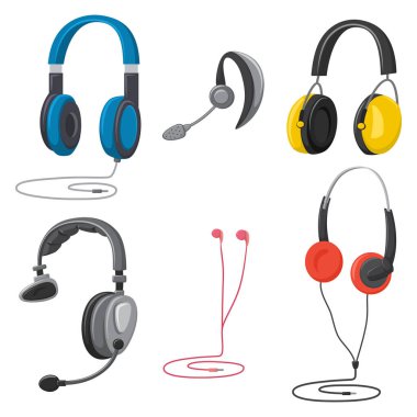 Kulaklıklar: müzik, koruyucu, mikrofon, eller serbest, kulak içi ve retro. Kulaklıklar vektör karikatür simgeleri beyaz arkaplanda izole.