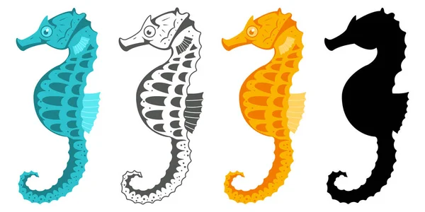 Seepferdchen Sammlung Hippocampus Vektor Cartoon Symbol Set Von Unterwasserfischen Und — Stockvektor