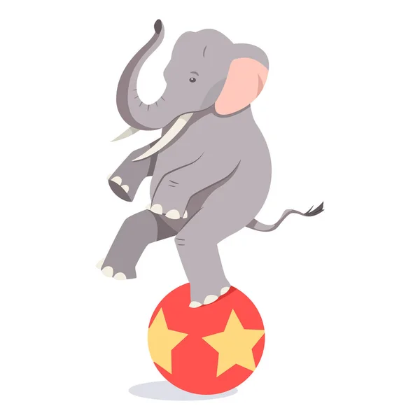 Elephant balances on the ball. Vector cartoon circus animal character isolated on white background.
