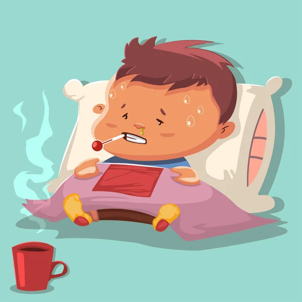 Flu Cartoon Vector Illustration Sick Child Character Pillow Covered Blanket — Stock Vector