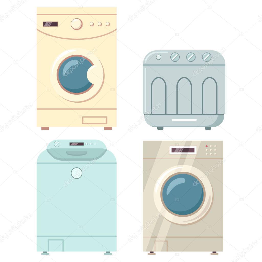 Washing machines with dryer vector cartoon flat icons set isolated on a white background.