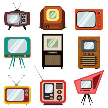 Televizyon klasik renkli seti. Beyaz arkaplanda izole edilmiş vektör retro düz TV simgeleri.