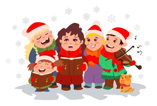 Noel şarkısı. Çocuk korosu Noel şarkıları söylüyor ve çocuk keman çalıyor. Beyaz arkaplanda çocuklar ve kar taneleri olan vektör karikatür çizimi.