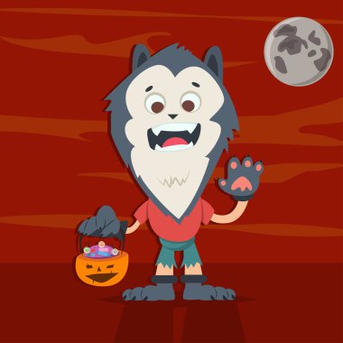 Cadılar Bayramı çocukları kurt adam kostümü ve kırmızı arka planda balkabağı şeklinde bir sepet şeker. Tatil ve parti için sevimli çizgi film karakteri. Poster için şablon tasarımı.