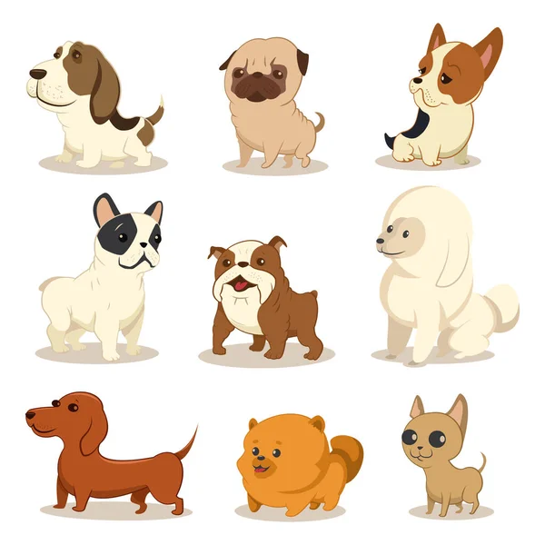 Tatlı çizgi film köpek vektörü seti. Farklı cinsten evcil hayvanlar. Komik köpek yavruları. Beyaz arka planda izole edilmiş bir köpek karakteri tasviri.