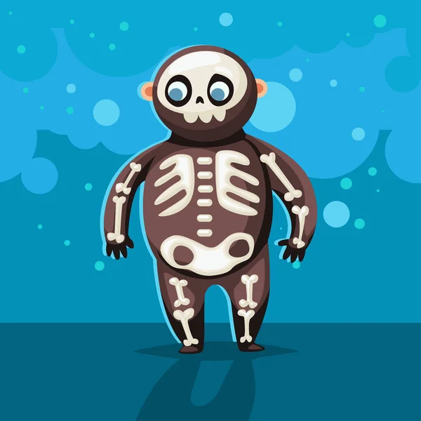 Halloween Kinderen Kostuum Van Schattig Vet Skelet Een Blauwe Abstracte — Stockvector