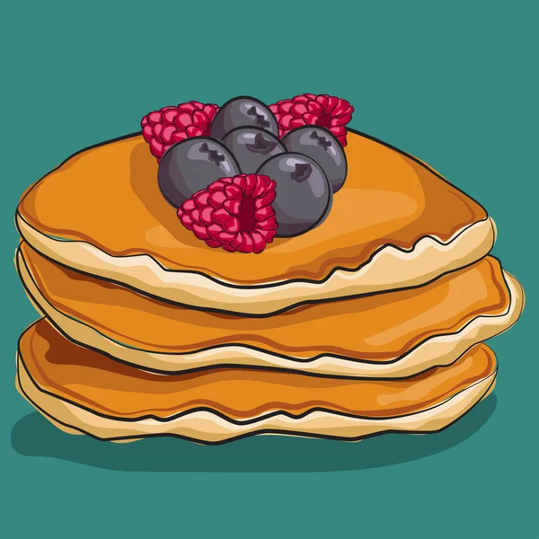 Pancake Fruit Raspberries Blackberries Isolated Background Traditional Breakfast Vector Cartoon — Stock Vector