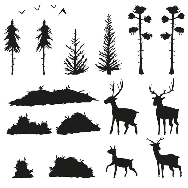 Silhouettes Noires Pins Épinettes Buissons Herbe Cerfs Oiseaux Ensemble Vectoriel — Image vectorielle