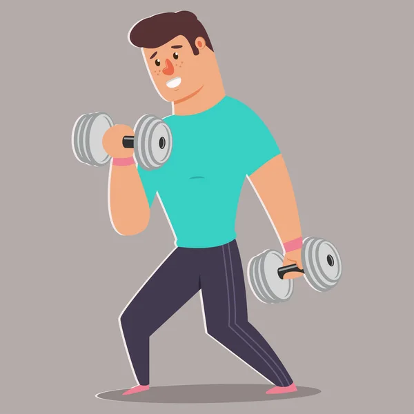 Doing Fitness Exercises Dumbbells Cute Guy Cartoon Vector Character Isolated — Stock Vector