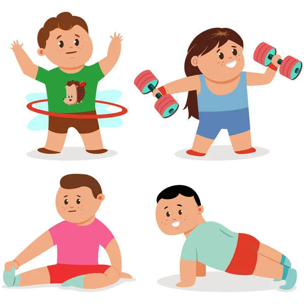 Çocuklar fitness egzersizi yapıyor. Tatlı çizgi film kızı ve erkek vektör karakter seti beyaz arka planda izole edilmiş. Sağlıklı yaşam tarzı ve spor illüstrasyonu.