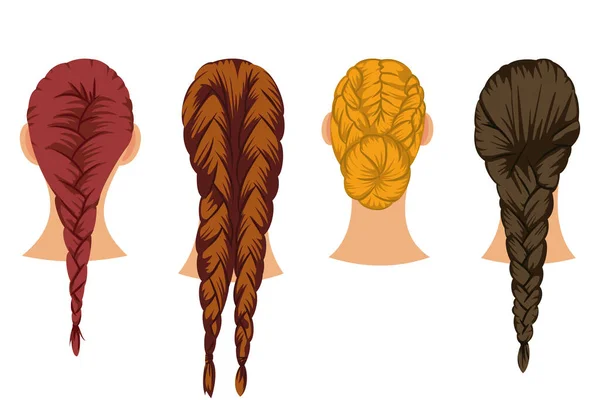 Braids Hair Vector Cartoon Set Female Hairstyles Isolated White Background — Stock Vector