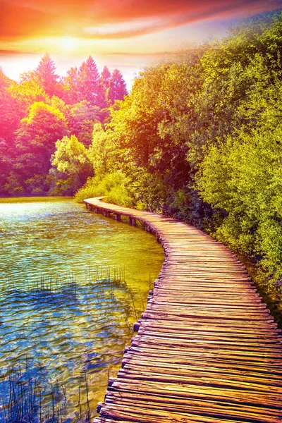 Wooden Path Masonry Lake Sunset National Park Plitvice Croatia — Stock Photo, Image