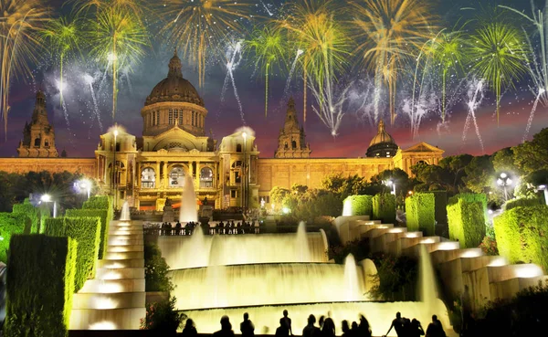 Prachtige Stad Landschap Barcelona Hemel New Year Vuurwerk — Stockfoto