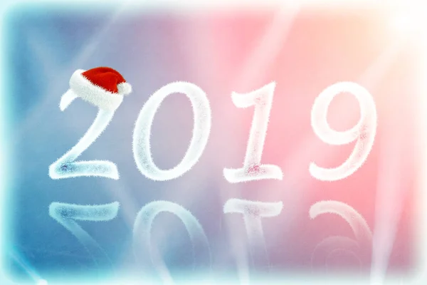 Numbers Snow Christmas Hat Rays Light 2019 New Year Card — Stock Photo, Image