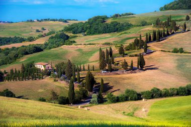 Toskana, İtalya Pienza yakınlarında birçok katlanmış eğimli bir yolda bir araba ile büyüleyici manzara. Mükemmel turistik yerler.
