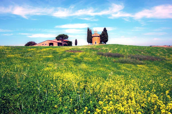 Charming Landscape Chapel Madonna Vitaleta Rape Fields Sunny Day San — Stock Photo, Image