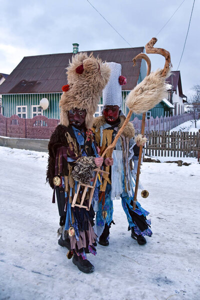 Krasnoilsk, Ukraine  January 14, 2018: members of folk festival-carnival Malanka in Krasnoilsk, Chernivtsi region