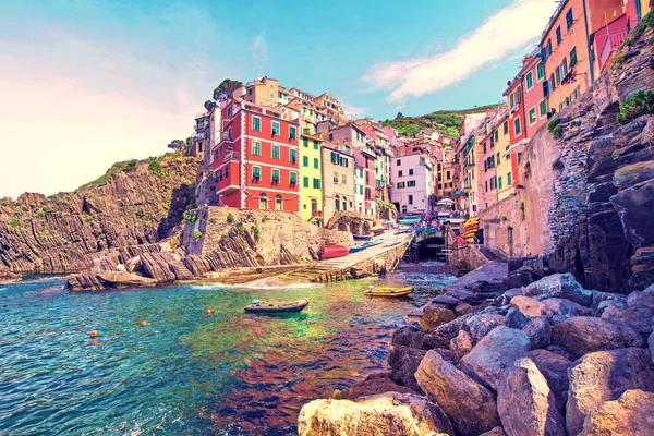 Encantador Paisaje Fascinante Ciudad Con Rocas Costa Riomaggiore Cinque Terre — Foto de Stock
